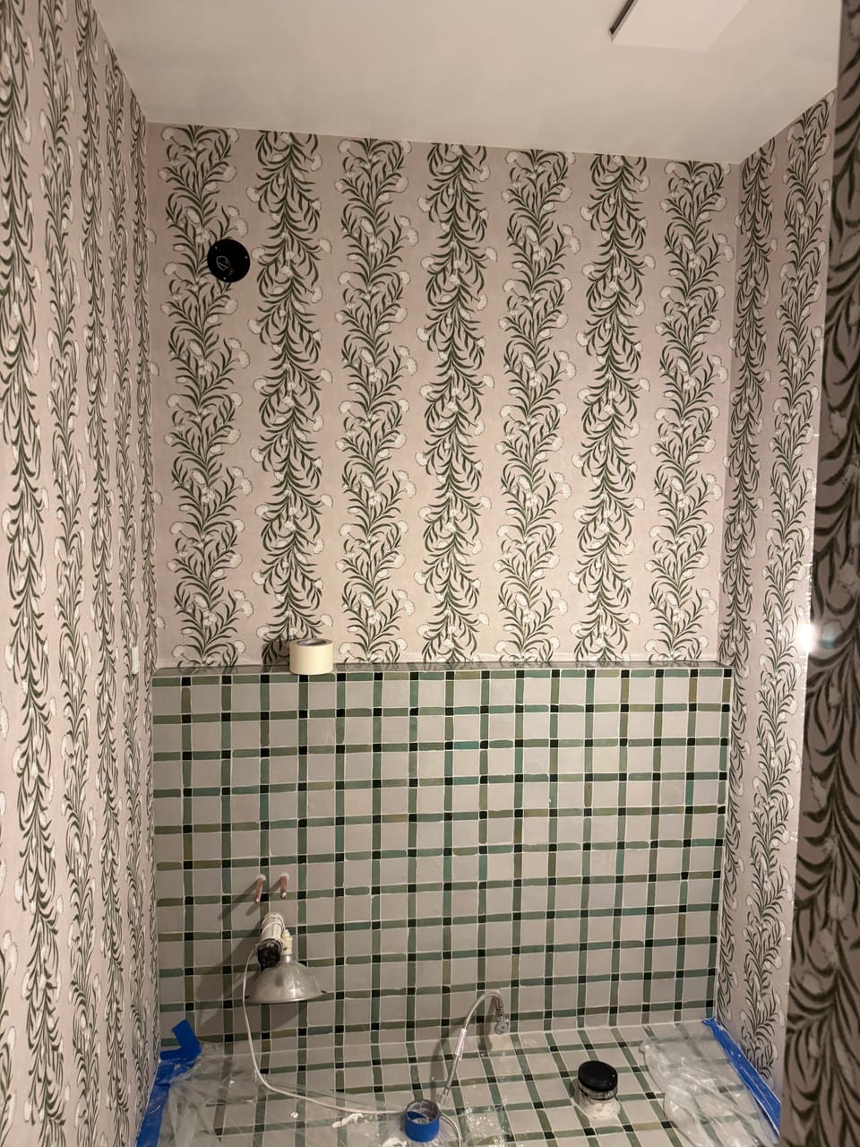 Schumacher Trellis Material in Powder Bathroom